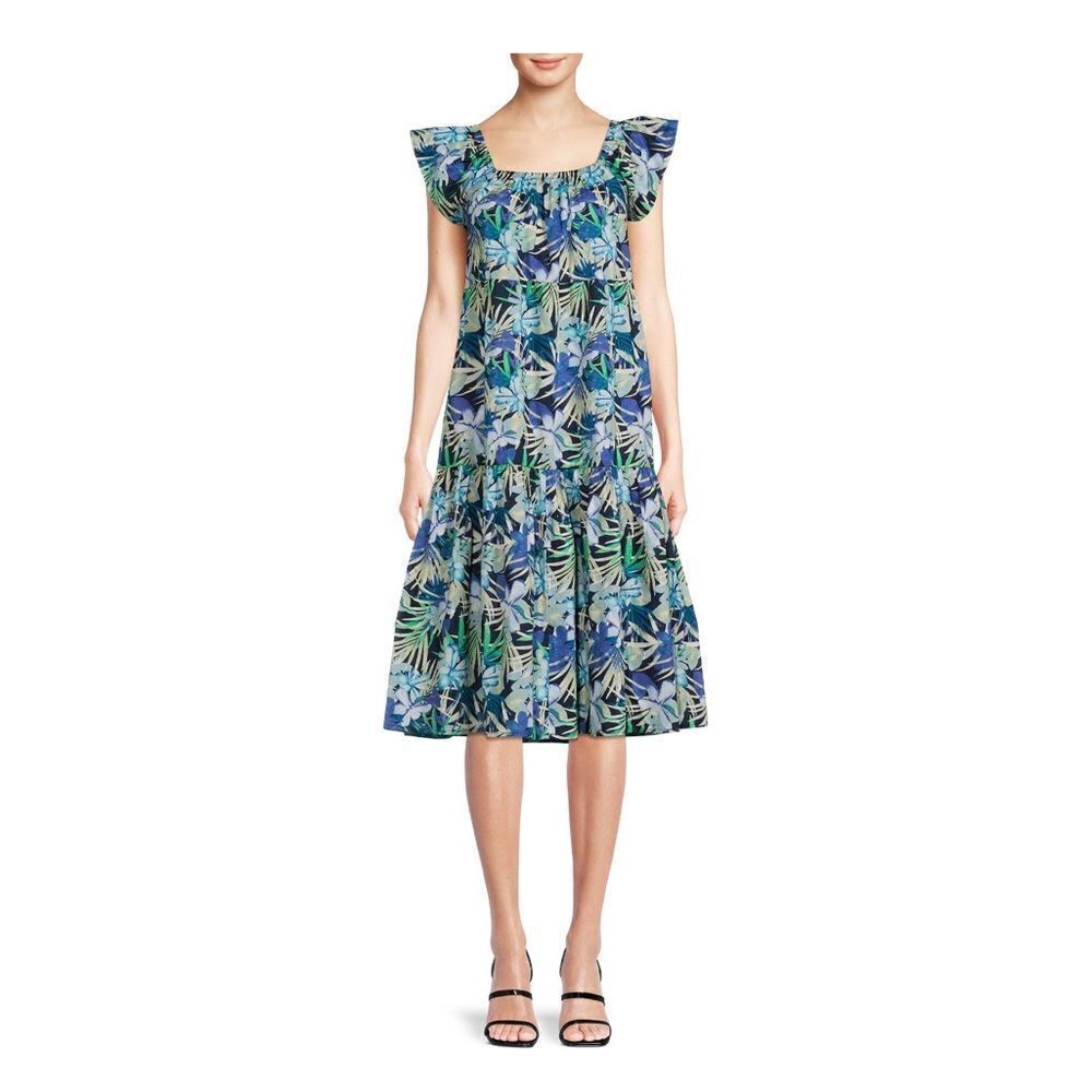 NWT New TIME TRUE Tiered Square Neck Ruffle Sleeve Palm Floral Midi Sundress XS